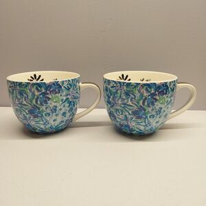 Lilly Pulitzer Ceramic Mugs Set of 2 Blue Floral 12 Oz Coffee Tea Cups